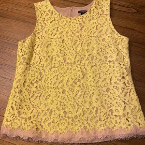 Ann Taylor Yellow Lace Sleeveless Blouse with Pink Underlay